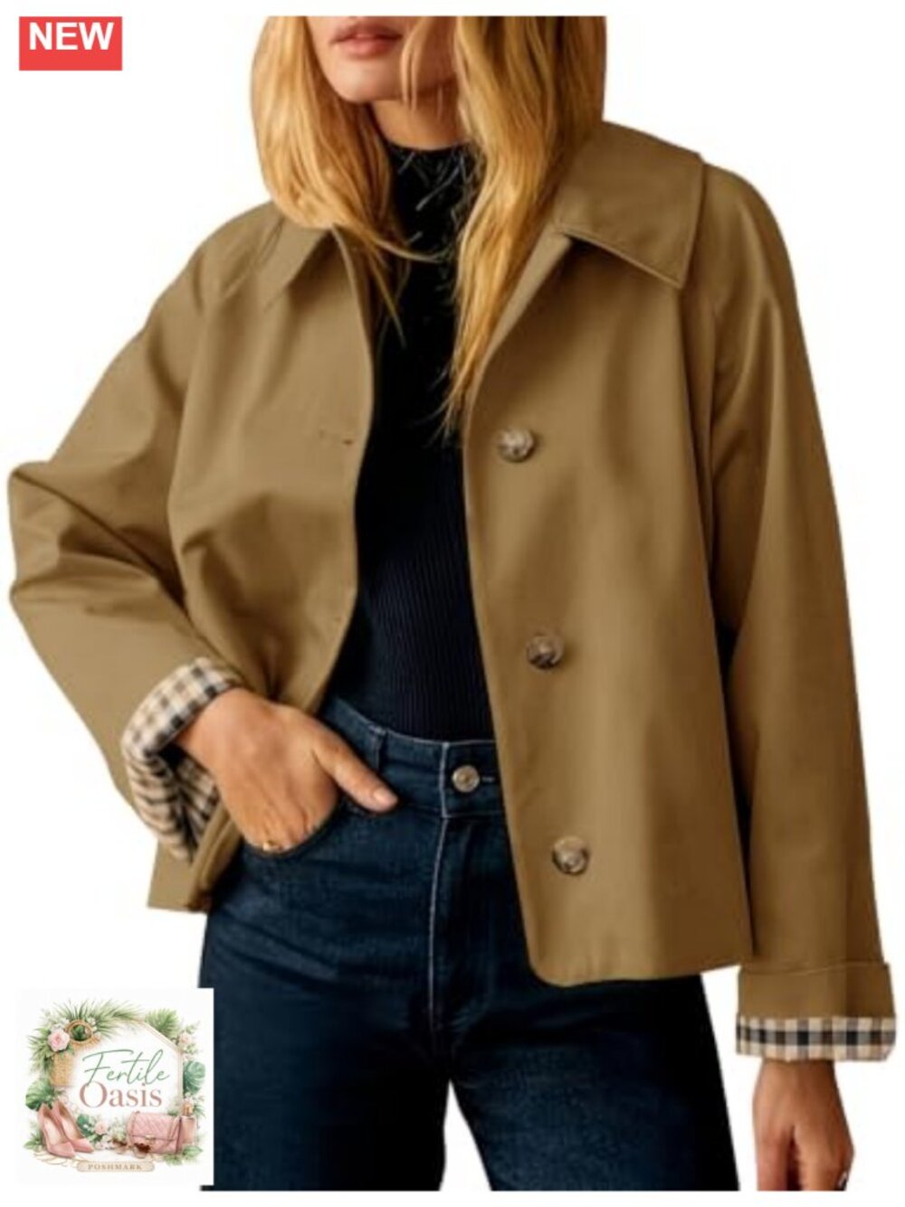 Womens Cropped Trench Coat Oversized Casual Fall Jacket with Pockets